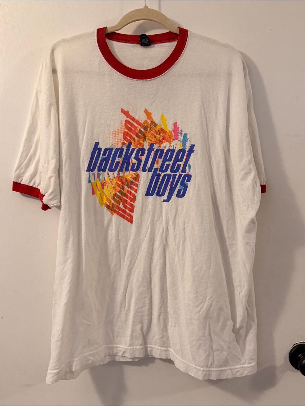 Tultex White Ringer T-Shirt with Red Trim and Multicolor Backstreet Boys Logo
